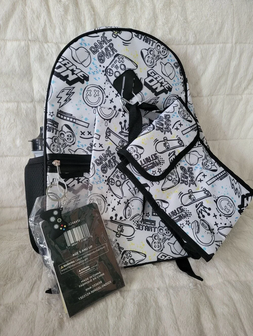 Extreme Nation 7 PC Set Kids Game Print Backpack with Matching Pouch White/Black